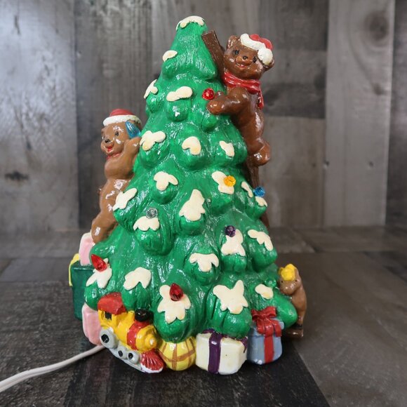 Vintage Lit Ceramic Teddy Bear Christmas Tree Handpainted Santa Claus Lighted - Picture 6 of 13